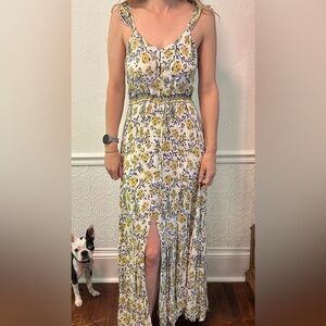 Boho yellow flora ruffle shoulder dress